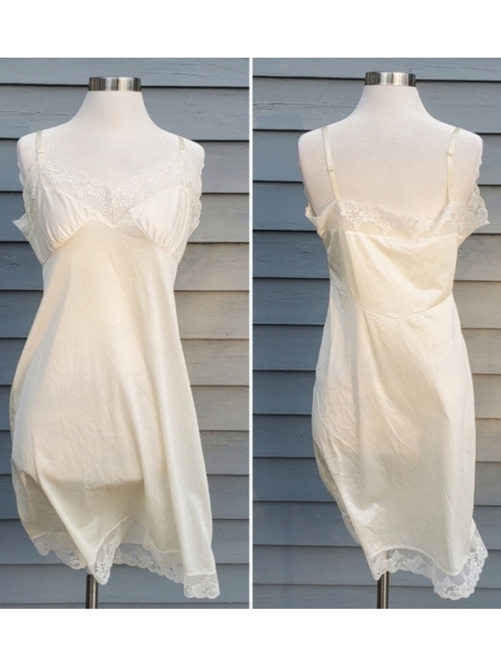 Vintage 70s White Nylon Satin‎ Sexy Lace Trim Mini Slip Dress Chemise Nightie Lg